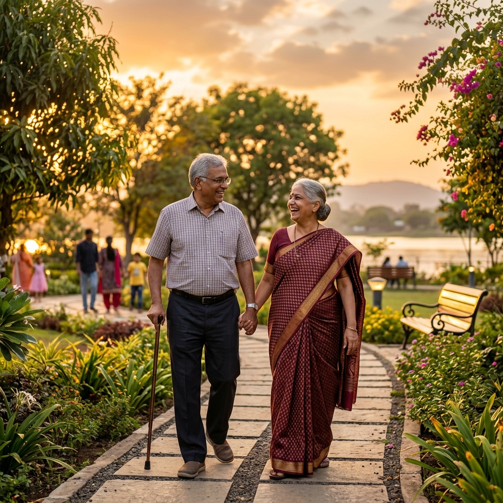 Healthy, active senior Indian grandparents walking through a bright, warm sunset in a beautiful park representing a peaceful retired life