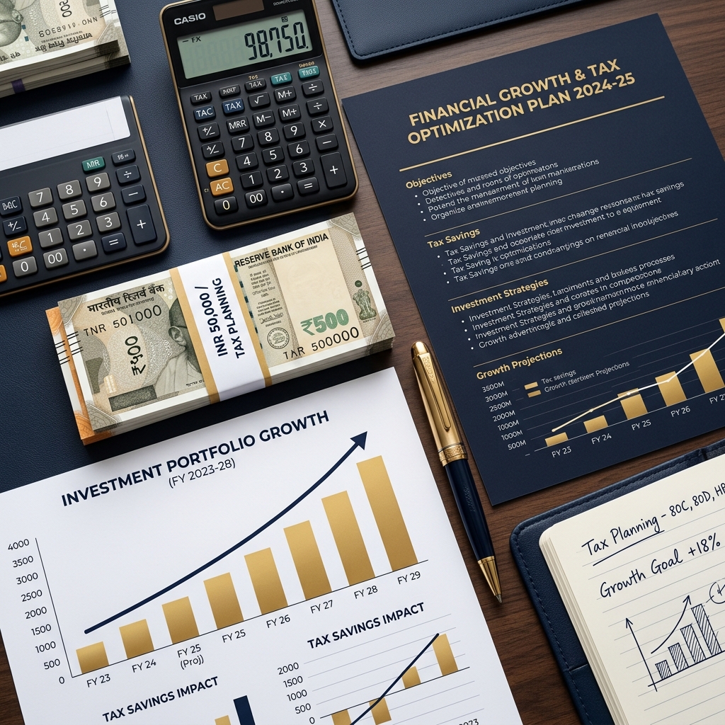 Tax planning documents, charts and financial growth visualization for businesses in Chandrapur