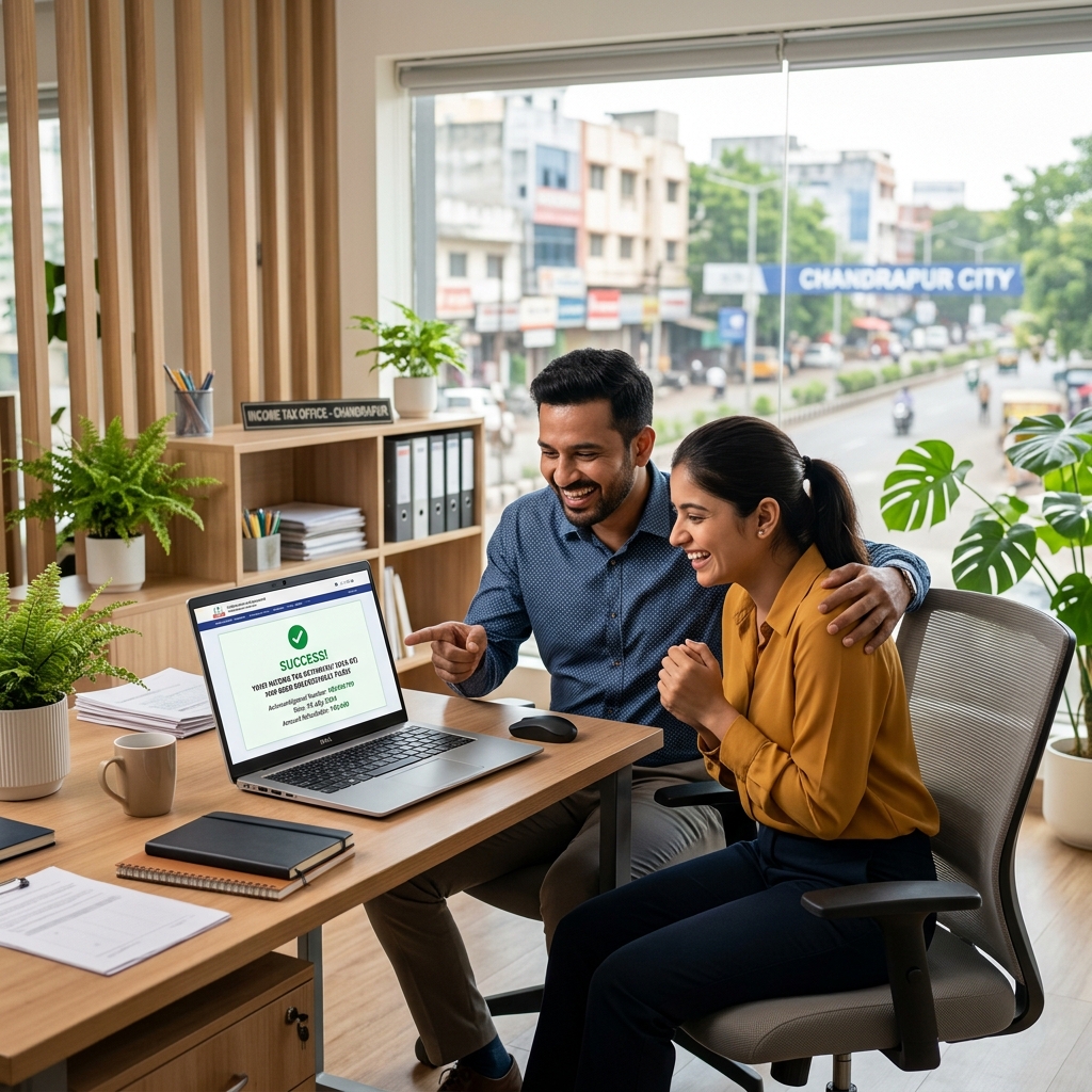Indian professionals celebrating successful tax return filing with peace of mind