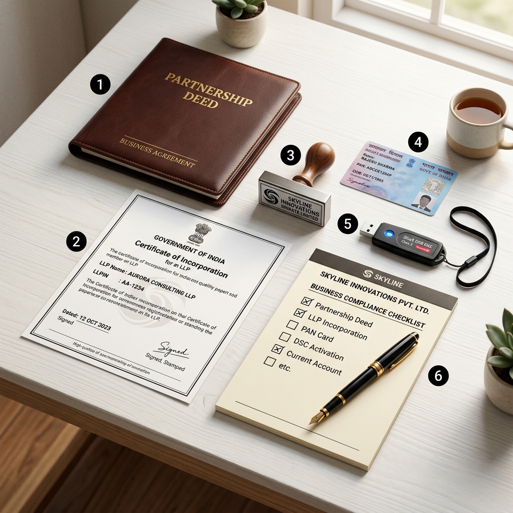 Various business registration documents including LLP agreement, incorporation certificate, PAN and DSC token arranged on a desk