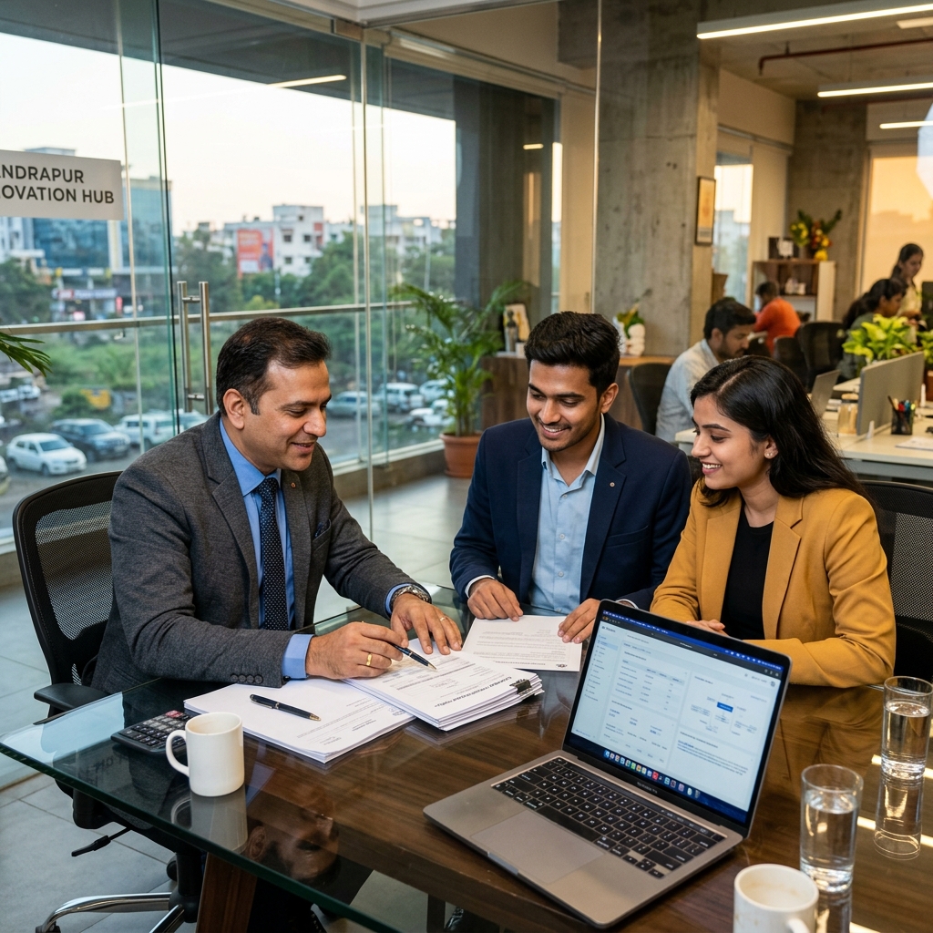 Indian CA consulting with startup founders at conference table in Chandrapur office, reviewing company registration documents